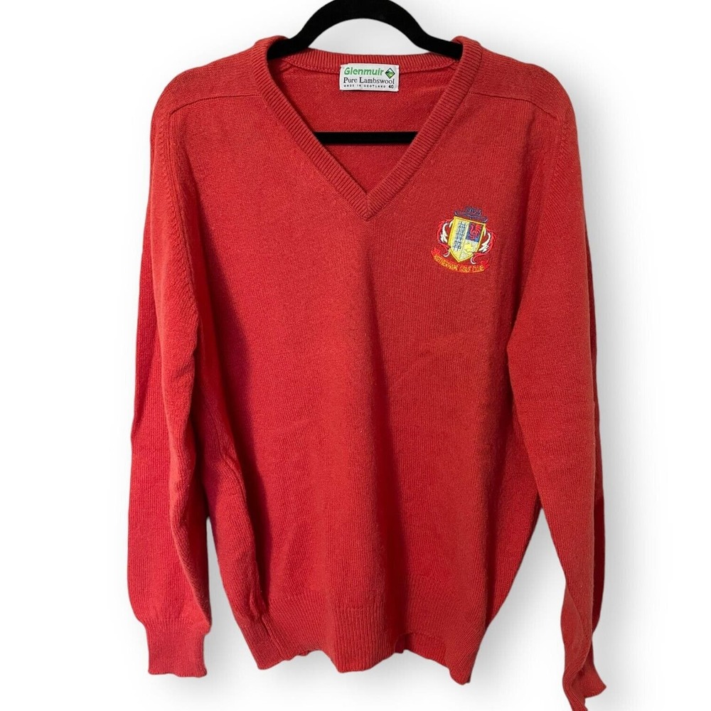 Glenmuir Lambswool Golf Sweater VNeck Scotland Size 40 Rotherham Club Red Orange